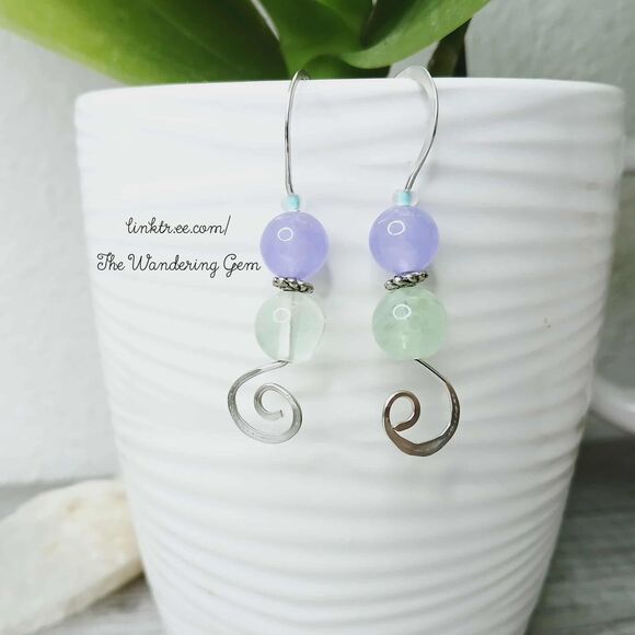 Hammered Gemstone Beaded Dangle Drop Earrings, Fluorite & Dyed Jade, 1.5" - Picture 1 of 4